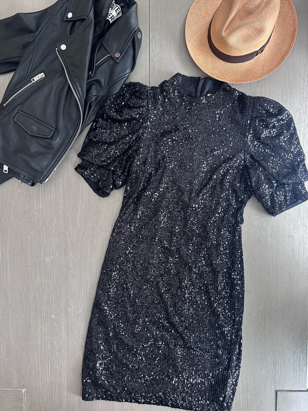 Joie Black Sequin Puff-Sleeve Mini Dress